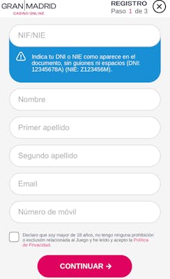 Interfaz del Gran Casino Madrid mostrando el bono